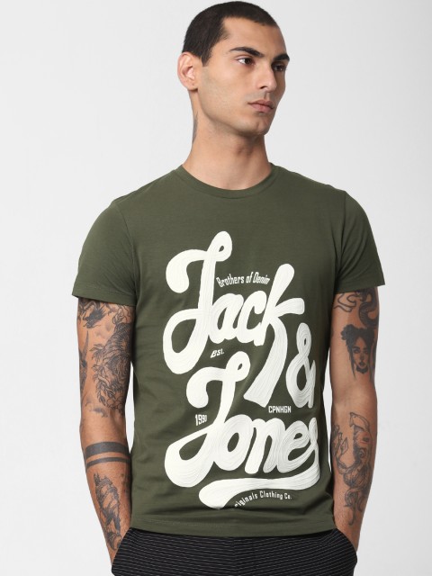 

Jack Jones Men Olive Green Printed Slim Fit Round Neck Pure Cotton T-shirt