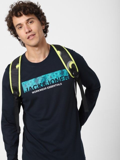 

Jack Jones Men Navy Blue Printed Round Neck Pure Cotton T-shirt