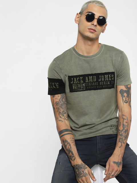 

Jack & Jones Men Olive Green and Black Printed Round Neck Slim Fit Sustainable T-shirt, Grey