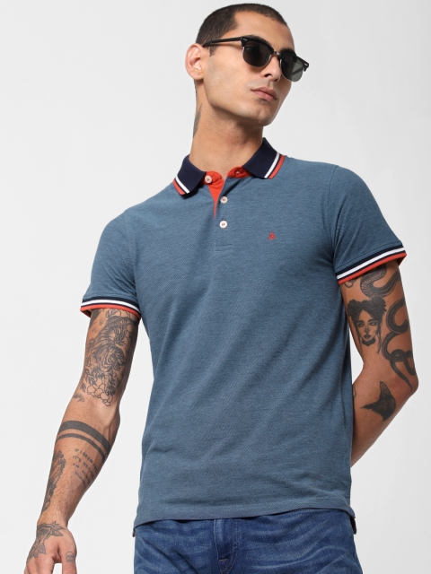 

Jack Jones Men Blue Solid Slim Fit Polo Collar Sustainable Pure Cotton T-shirt