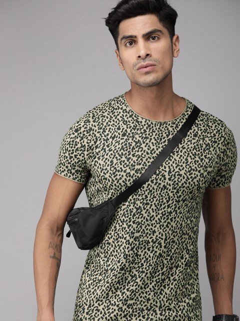 

Jack & Jones Men Beige & Black Animal Printed Round Neck Slim Fit T-shirt