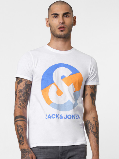 

Jack Jones Men White Slim Fit Printed Round Neck Pure Cotton T-shirt