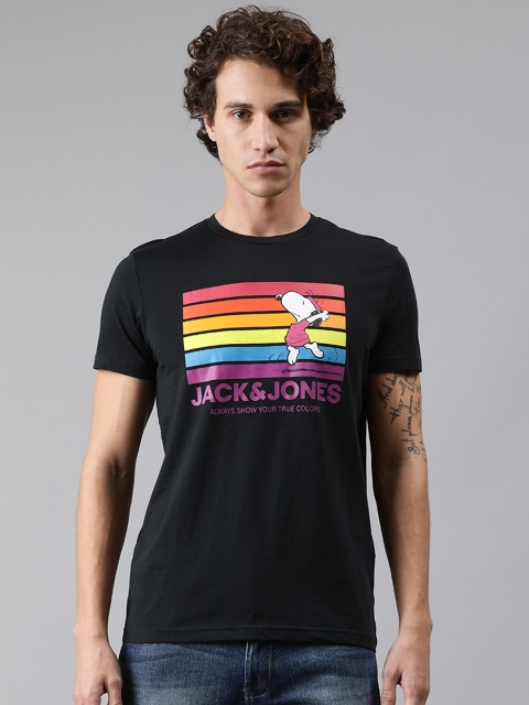 

Jack Jones Men Black Peanuts Printed Round Neck Pure Cotton T-shirt