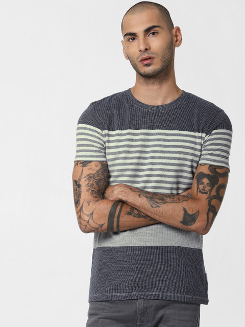 

Jack Jones Men Slim Fit Navy Blue Grey Striped Round Neck Pure Cotton T-shirt