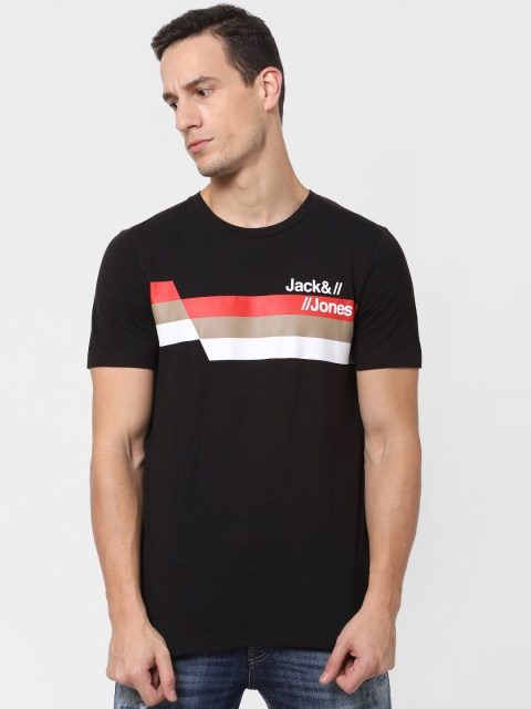 

Jack Jones Men Black Striped Slim Fit Round Neck Sustainable Pure Cotton T-shirt