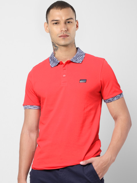

Jack & Jones Men Coral Pink Slim Fit Solid Polo Collar T-shirt