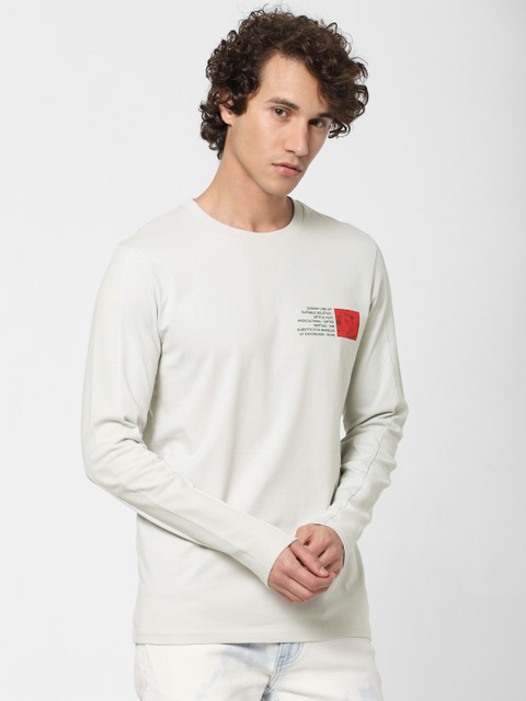 

Jack Jones Men Off-White Solid Slim Fit Round Neck Pure Cotton T-shirt With Printed Detailing