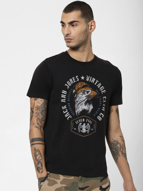 

Jack Jones Men Black Printed Round Neck Pure Cotton T-shirt