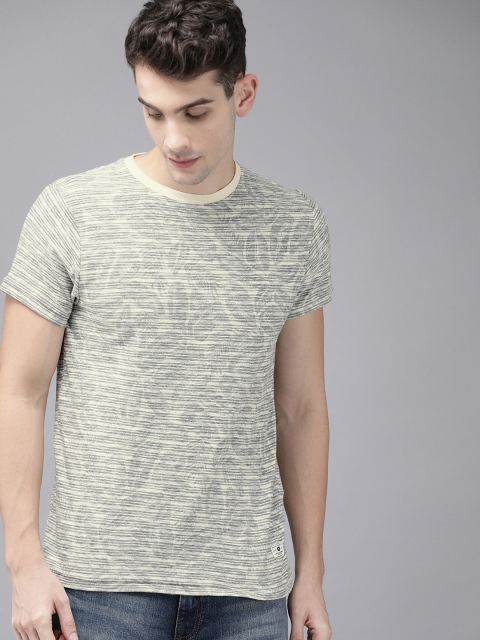 

Jack & Jones Men Off-White & Black Striped Slim Fit Round Neck T-shirt