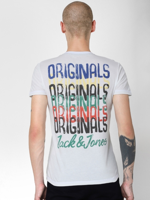 

Jack Jones Men White Slim Fit Back Printed Round Neck Pure Cotton T-shirt