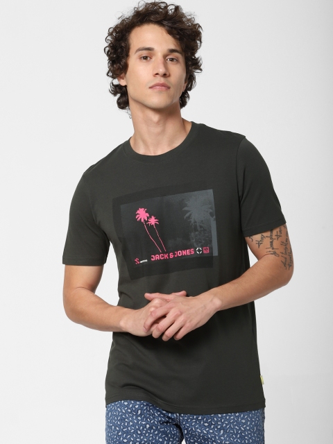 

Jack Jones Men Black Printed Round Neck Slim Fit Sustainable Pure Cotton T-shirt