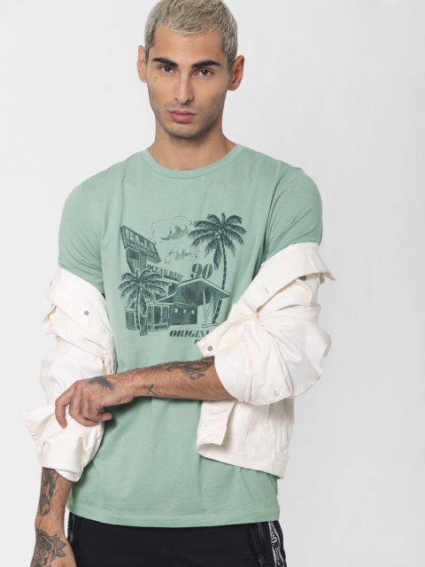

Jack Jones Men Green Slim Fit Printed Round Neck Pure Cotton T-shirt