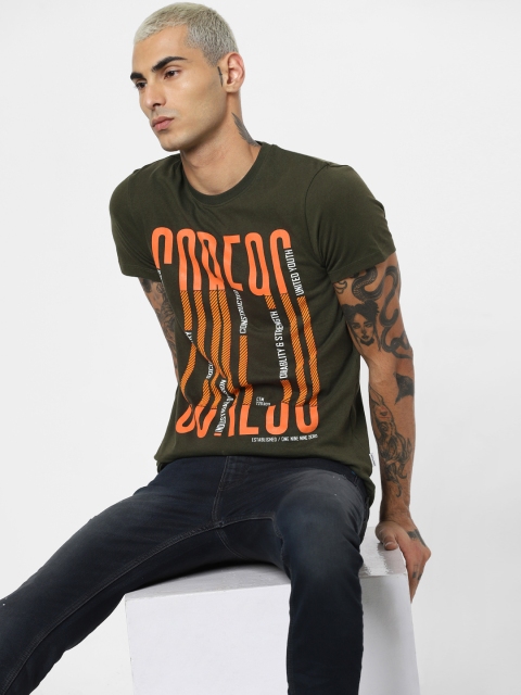 

Jack & Jones Men Olive Green Printed Round Neck T-shirt