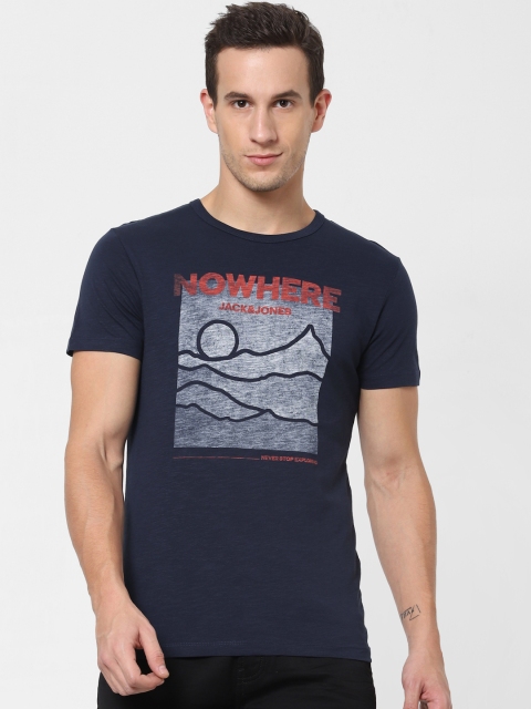 

Jack Jones Men Navy Blue Slim Fit Printed Round Neck Pure Cotton T-shirt