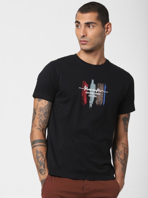 

Jack Jones Men Black Slim Fit Printed Round Neck Pure Cotton T-shirt