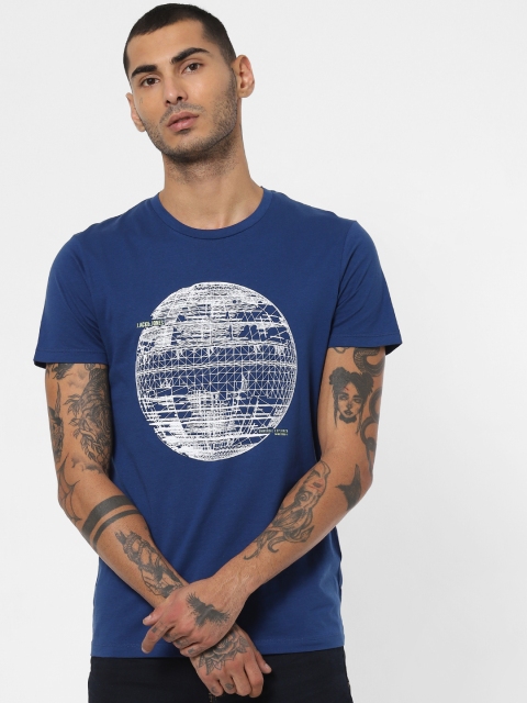 

Jack Jones Men Navy Blue White Slim Fit Printed Round Neck Pure Cotton T-shirt