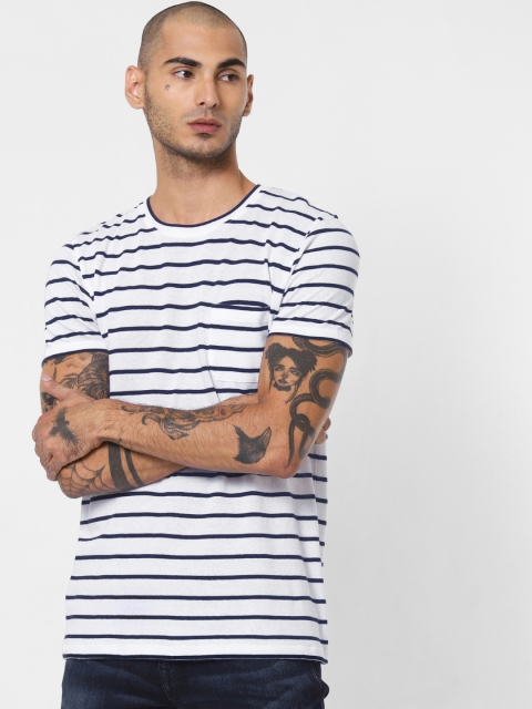 

Jack Jones Men White Navy Blue Slim Fit Striped Round Neck Pure Cotton T-shirt