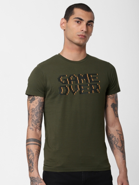 

Jack Jones Men Olive Green Slim Fit Printed Round Neck Pure Cotton T-shirt