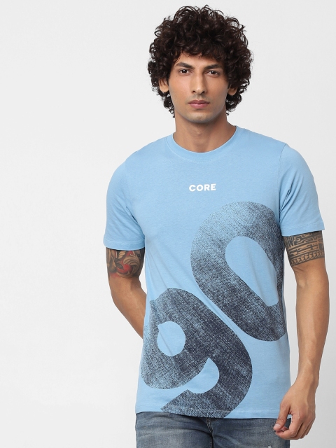 

Jack Jones Men Blue Printed Round Neck Slim Fit Sustainable Pure Cotton T-shirt