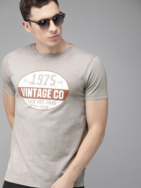 

Jack Jones Men Grey Printed Round Neck Pure Cotton T-shirt