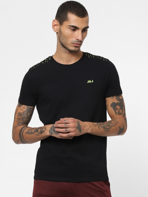 

Jack Jones Men Black Solid Slim Fit Round Neck Pure Cotton T-shirt