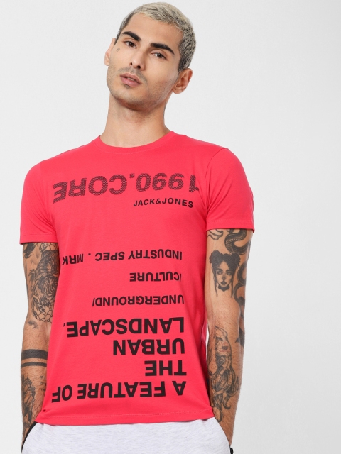 

Jack Jones Men Rust Pink Printed Round Neck Slim Fit Sustainable Pure Cotton T-shirt