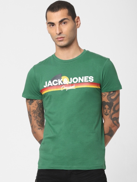 

Jack Jones Men Green Slim Fit Printed Round Neck Pure Cotton T-shirt