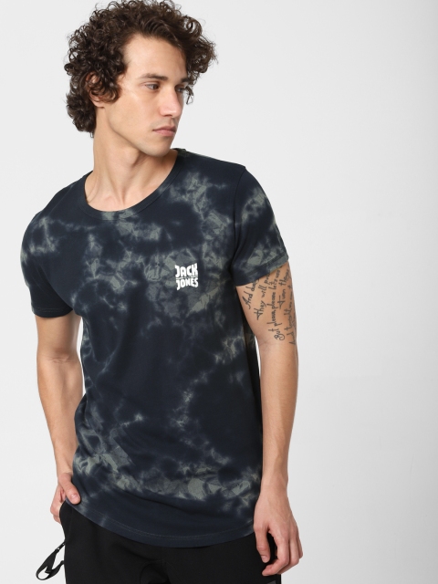 

Jack Jones Men Navy Blue Grey Dyed Round Neck Pure Cotton T-shirt
