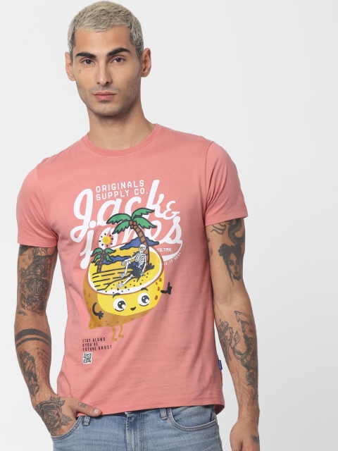 

Jack Jones Men Pink Printed Round Neck Slim Fit Sustainable Pure Cotton T-shirt