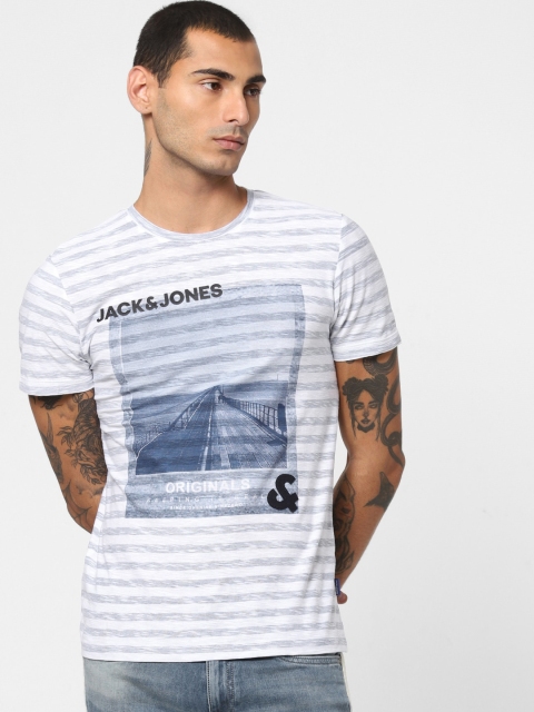 

Jack Jones Men White Blue Slim Fit Striped Round Neck Pure Cotton T-shirt