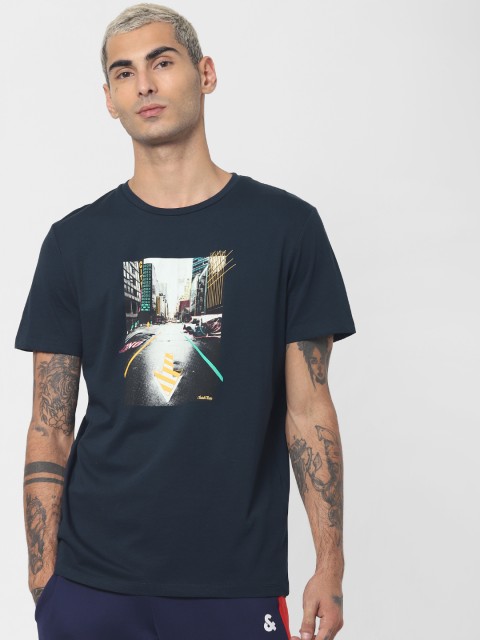 

Jack Jones Men Navy Blue Printed Slim Fit Round Neck Pure Cotton T-shirt