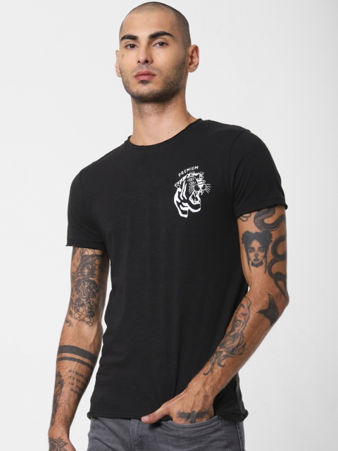 

Jack Jones Men Black Slim Fit Printed Round Neck Pure Cotton T-shirt