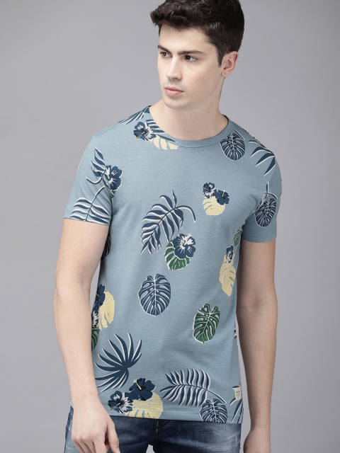 

Jack & Jones Men Blue & Yellow Printed Slim Fit Round Neck T-shirt