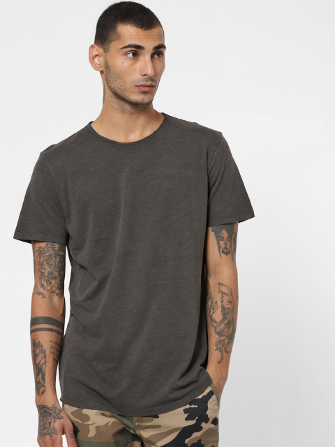 

Jack Jones Men Charcoal Grey Solid Round Neck Pure Cotton T-shirt