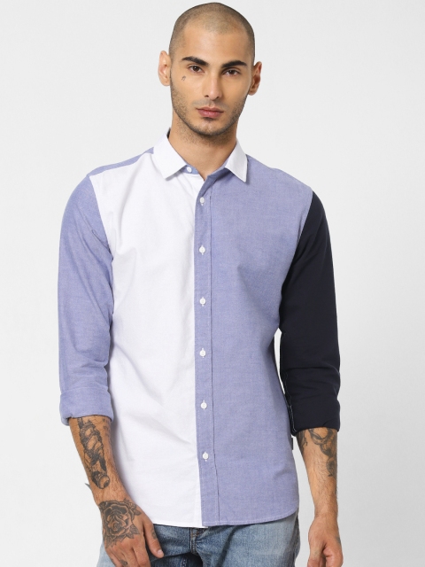 

Jack & Jones Men White & Blue Slim Fit Colourblocked Casual Shirt