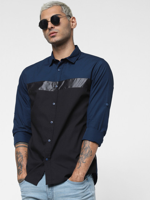 

Jack & Jones Men Blue & Black Regular Fit Colourblocked Casual Shirt