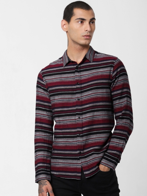 

Jack & Jones Men Black & Maroon Slim Fit Striped Casual Shirt