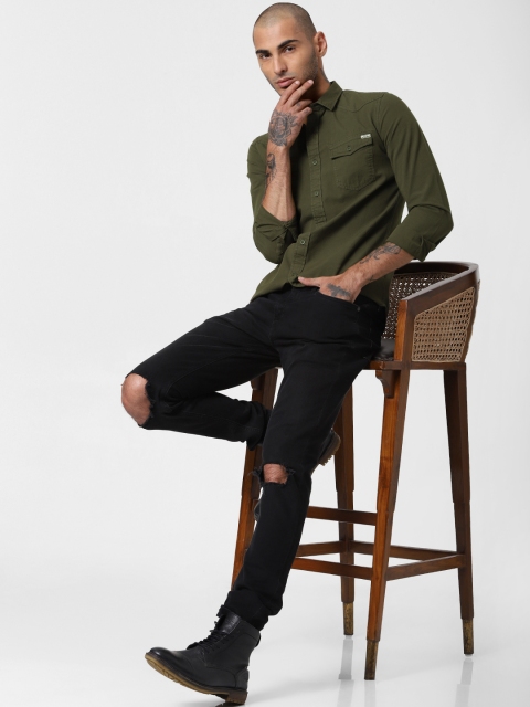 

Jack & Jones Men Olive Green Slim Fit Solid Casual Shirt