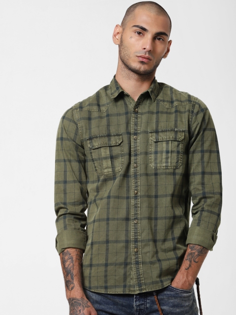 

Jack & Jones Men Olive Green & Navy Blue Regular Fit Checked Casual Shirt