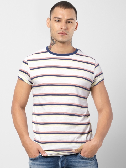

Jack Jones Men White Blue Striped Round Neck Pure Cotton T-shirt