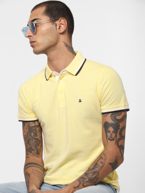 

Jack & Jones Men Yellow Solid Slim Fit Polo Collar Sustainable T-shirt