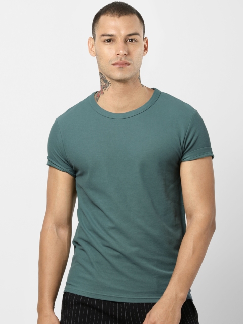 

Jack Jones Men Teal Green Solid Slim Fit Round Neck Pure Cotton T-shirt