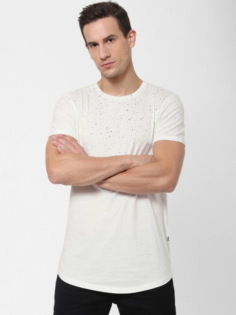 

Jack & Jones Men White Solid Slim Fit Round Neck T-shirt With Paint Splash Detail