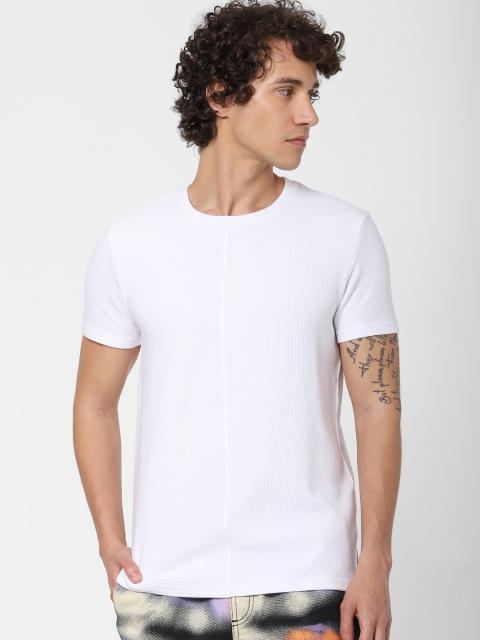 

Jack Jones Men White Self Design Round Neck Pure Cotton T-shirt