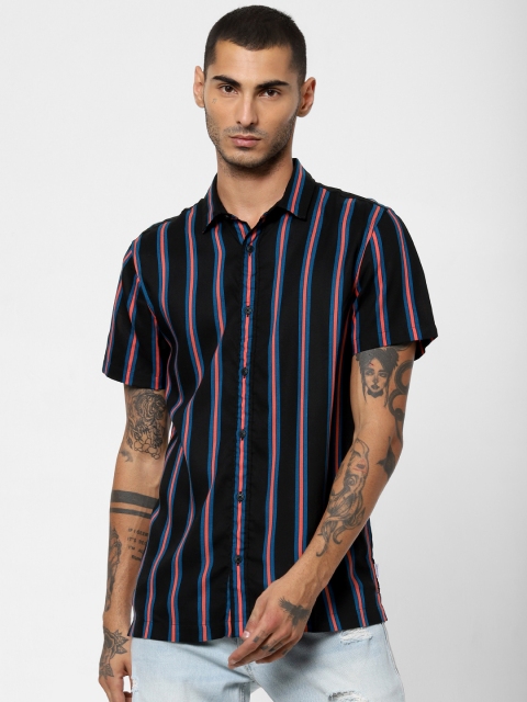 

Jack & Jones Men Black & Blue Regular Fit Striped Casual Shirt