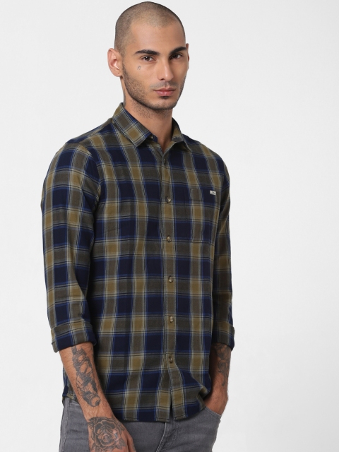 

Jack & Jones Men Olive Green & Navy Blue Regular Fit Checked Casual Shirt