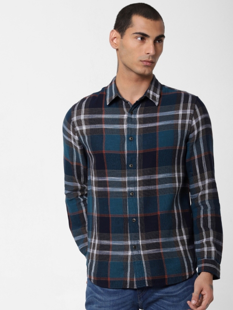 

Jack & Jones Men Teal Blue & White Regular Fit Checked Casual Shirt