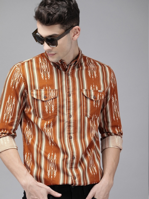 

Jack & Jones Men Brown & Green Regular Fit Striped Casual Shirt