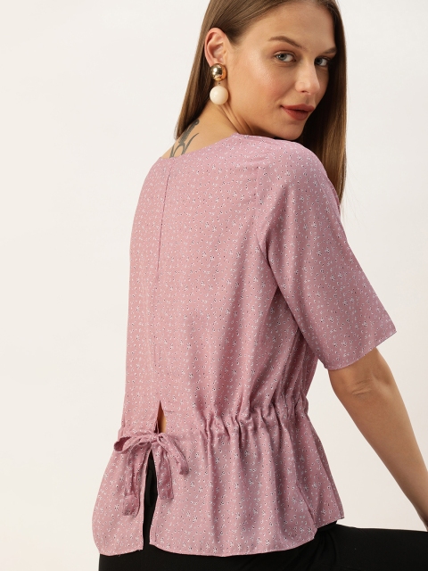 

her by invictus Women Mauve & White Printed Styled Back Top With Tie-Up Detailing
