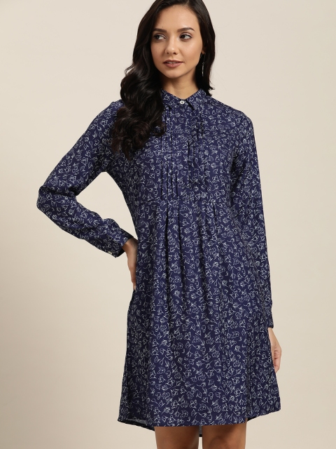 

her by invictus Women Navy Blue & White Floral Printed Shirt Dress